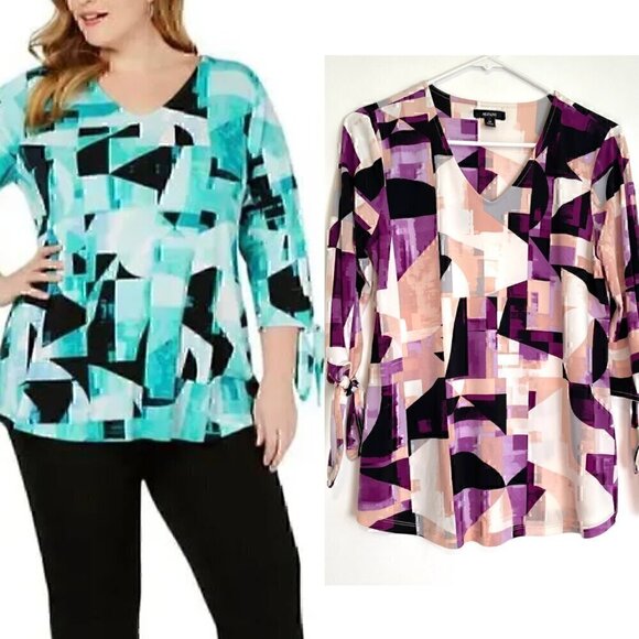 ALFANI Printed Tie Sleeve Blouse Pink Purple Geometric 3/4 Sleeve PETITE Medium - Picture 1 of 15